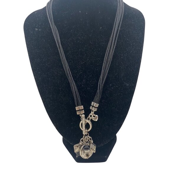 Signed Brighton Black Cord Necklace Multi Silver Plated Charms Toggle Clasp 17" - Picture 3 of 7